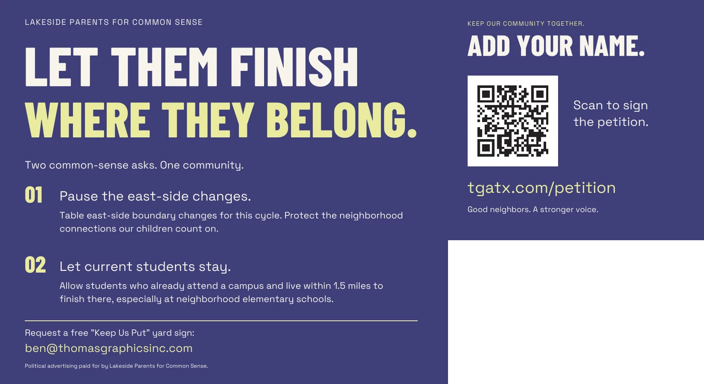 Back of the postcard with community requests, a petition QR code, Ben’s email for free yard signs, and a blank mailing panel in the bottom-right corner.